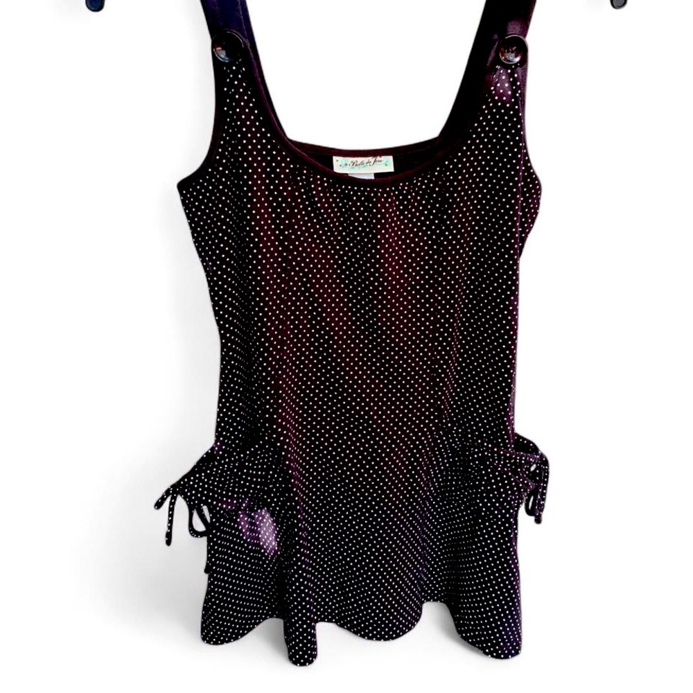 Belle de Jour Black White Polka Dot Hip Length Tank Top